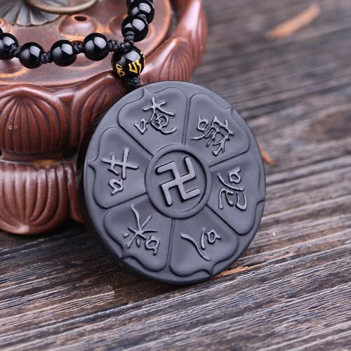 Black Obsidian Necklace Protection Pendant with Extended Bead Chain Healing Crystal Stone Amulet Necklace for Men Women - color: Daming Mantra