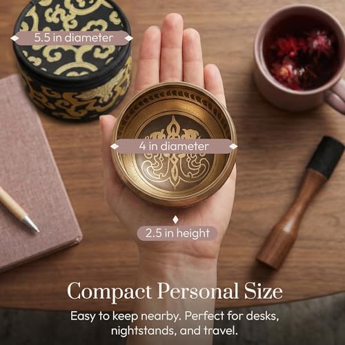 Silent Mind Tibetan Singing Bowl Set – Easy to Play & Beginner Friendly Meditation Bowl with Cushion, Mallet & Case | Stress Relief & Mindfulness | Gift-Ready - color: Gold, size: With Case