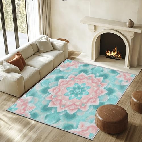 Meditation Rug 4x6 ft, Bohemia Mandala Floral Area Rug for Bedroom, Boho Hippie Carpet Low Pile Non Slip Soft Washable Rugs for Living Room Playroom Children's Room Office