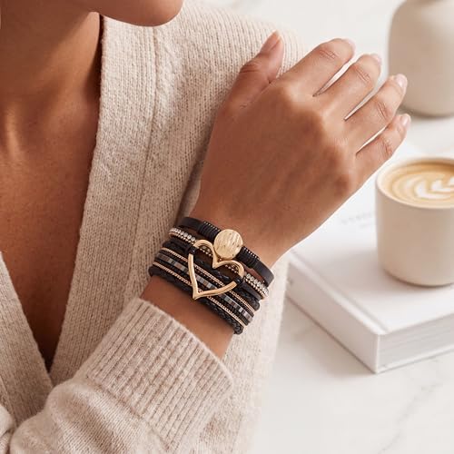 Edoneery Leather Wrap Bracelet for Women, Boho Handmade Multi-Layer Cuff with Crystal Beads Heart, Stackable Bangle Western Jewelry Gift - style: Circle Heart(Black)