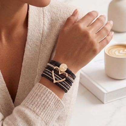 Edoneery Leather Wrap Bracelet for Women, Boho Handmade Multi-Layer Cuff with Crystal Beads Heart, Stackable Bangle Western Jewelry Gift - style: Circle Heart(Black)