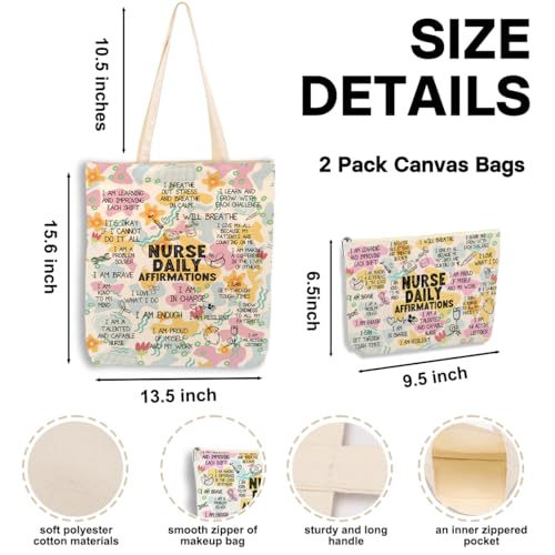 Daily Affirmations for Women, 2PCS Cosmetic Bag Canvas Tote Bag Beach Bags with Pocket Makeup Bags,Nurse Gifts for Nurses Women Nursing Student Female RN Nurse Coworker Birthday Friendship Nurse Day - color: Nurse Affirmations 0943