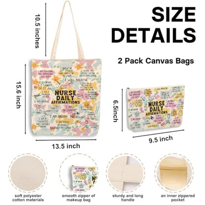 Daily Affirmations for Women, 2PCS Cosmetic Bag Canvas Tote Bag Beach Bags with Pocket Makeup Bags,Nurse Gifts for Nurses Women Nursing Student Female RN Nurse Coworker Birthday Friendship Nurse Day - color: Nurse Affirmations 0943