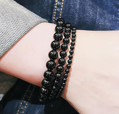3Pcs Healing Crystal Turquoise Bracelets for Women Men 8mm 6mm 4mm Natural Stone Beaded Stretch Bracelet Jewelry Gifts for Women Girl - color: T2-Black Onyx