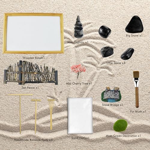 Artcome Japanese Zen Sand Garden for Desk with Rake, Stand, Rocks and Mini Furnishing Articles - Office Table Accessories, Mini Zen Sand Garden Kit - Meditation Gifts - size: Style 2