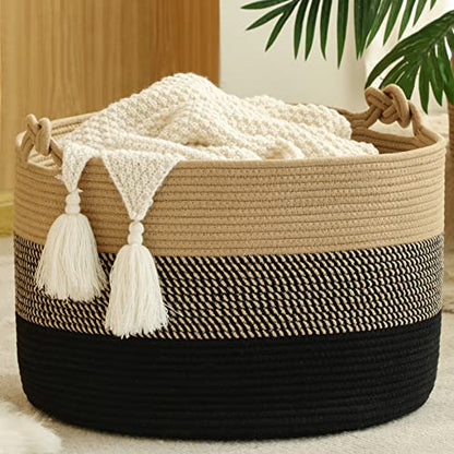KAKAMAY Large Blanket Basket (20"x13"),Woven Rope Baskets for storage Baby Laundry Hamper, Cotton Rope Blanket Basket for Living Room, Laundry, Nursery, Pillows,Baby Toy chest (Jute/Black) - color: Black