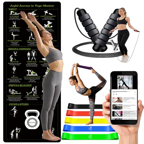Lightweight and Portable Yoga Mat - Non-Slip Exercise Mat with Printed Yoga Poses for Pilates, Workout & Stretching - Includes Resistance Bands and Weighted Jump Rope - Home & Gym Use - size: 70"x31" (5mm Thickness)
