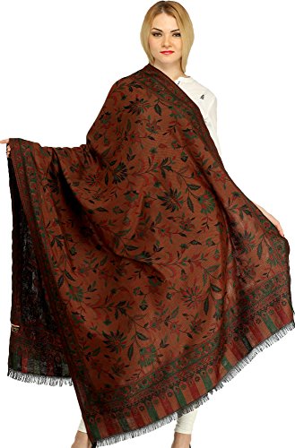 Exotic India Women Reversible Jamawar Wool Shawl with Woven Flowers | Ethnic Beautiful Floral Weave Stole, Dupatta - color: Carob Brown
