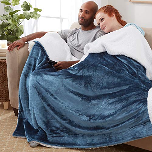 Sherpa Throw Blanket Super Soft Reversible Ultra Luxurious Plush Blanket, 50 x 60 inches, Navy/White - color: Navy / White, size: Throw (50" x 60")