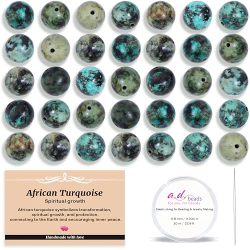 AD Beads 200pcs 4mm Natural African Turquoise Round Beads, Healing Energy Gemstone DIY Jewelry Kit with Elastic Cord and Needle - color: African Turquoise, size: 4mm-200pcs