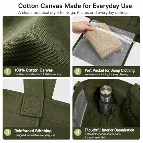 Yoga Mat Bag for Women, 100% Cotton Canvas Tote with Wet/Dry Pocket, Bottle Holder and Inner Zipper Pocket, 25L Carrier for Pilates and Travel - color: Green