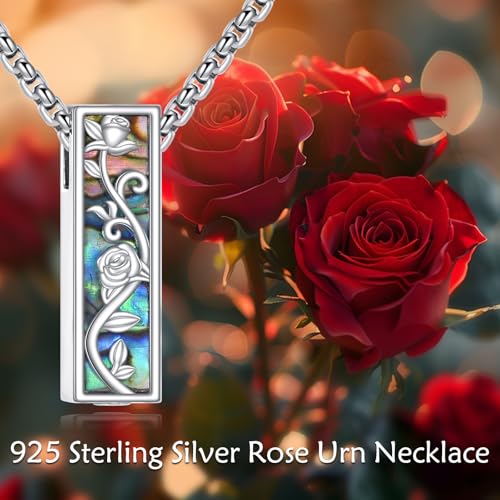 Cremation Urn Necklaces for Ashes Sterling Silver 3D Vertical Bar Memorial Pendant for Loved Ones Keepsake Cremation Jewelry Gifts for Women Men - style: Rose Flower