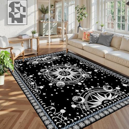 5' X 7' Sun and Moon Rug Boho Celestial Area Rugs for Bedroom Dorm Living Room Bohemian Occult Crescent Solar Stars Galaxy Floor Mat Pad Doormat Carpet,150 X 210cm,Black