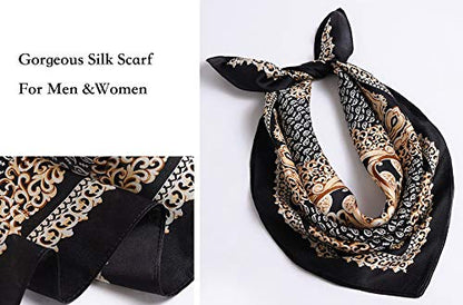 ANDANTINO 100% Mulberry Silk Scarf -21” Lightweight Square Neckerchief – Breathable Digital Printed Scarves with Gift Packed - color: Gold &Black