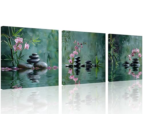 TutuBeer 3 Pcs Zen Wall Art Zen Pictures for Bathroom Orchid in Water Spa Stone Picture Print on Canvas Spa Artwork for Bathroom for Home Decoration Decor Ready to Hang Each Panel 12x12inch - color: Pink Zen 3, size: 12x12inchx3
