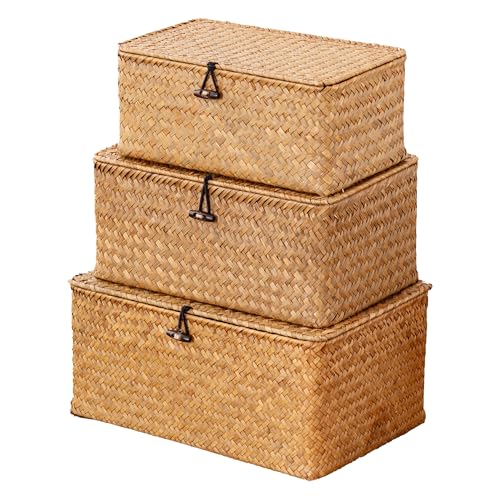 Nonam Large Storage Basket with Lid, Natural Seagrass Bin with Lid Set of 3, Shelf Baskets Multipurpose Container for Boho Decoration, Rectangular Household Storage Boxes for Home Organization-Natural - color: Large Natural * Set of 3