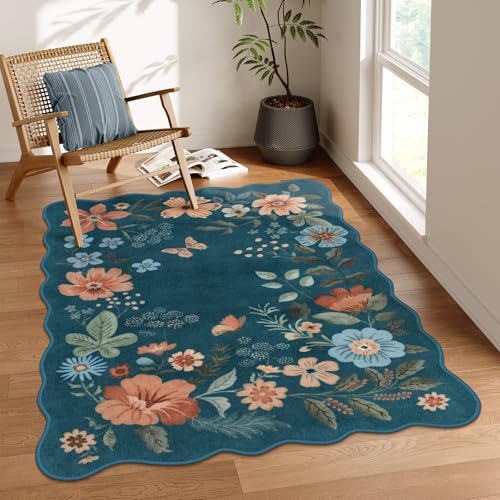Lahome Floral Washable Rugs for Bedroom, 4X6 Area Rug Ultra-Thin Soft Living Room Rug, Non-Slip Classroom Rug Stain Resistant Boho Rug Low-Pile for ‎‎Nursery Office Flore (4x6ft,Navy Blue) - color: Navy Blue, size: 4' x 6'（Rectangular）