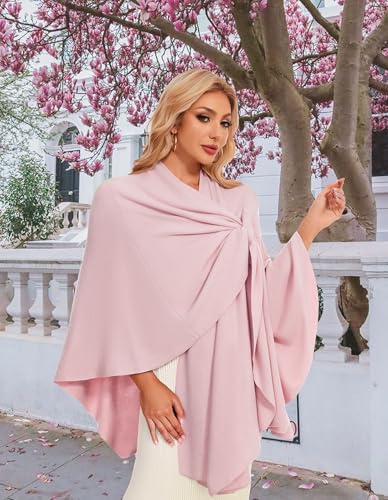 PULI Womens Elegant Cross Front Shawl Wraps Knitted Ponchos Cape Light Weight Poncho Sweater Soft Warm Travel Wraps - color: Pink