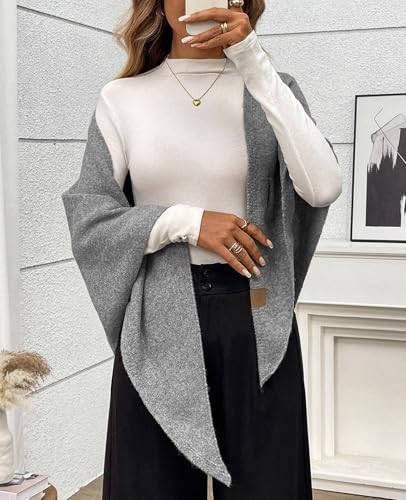Womens Knitted Shawl Wraps Casual Solid Color Cape Scarf Comfortable Triangle Pashmina Shoulder Sweater - color: Light Gray