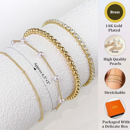 Zeffy Gold Pearl Beaded Bracelet for Women, 14K Gold Plated Jewelry Set With Paperclip Link Chain, Trendy Stack Bracelets - style: 4PCS Gold Tennis Pearl Beaded Stackable Bracelets