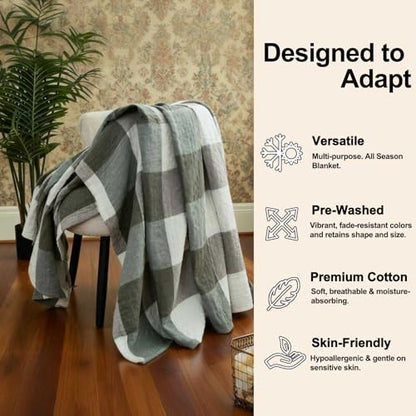 4 Layer Muslin Throw Blanket, 100% Cotton Plaid Checkered Blanket 40"x60", Pre-Washed Soft Breathable Couch & Bed Blanket for Summer Night Sweats - color: Green Checkered, size: 80"x90"