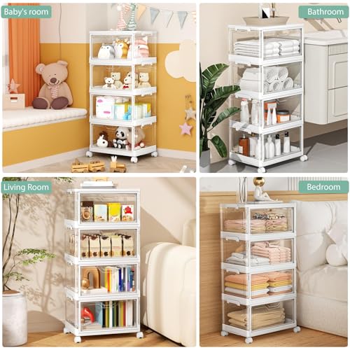 Kmiectse Clear Storage Bins with Lids - 4 Tier Plastic Bins with Wheels, Stackable Storage Bin, Closet Organizers Box for Bedroom, Living Room, 23 QT Folding Box with Magnetic door - size: 23QT-4Pack&1Lid