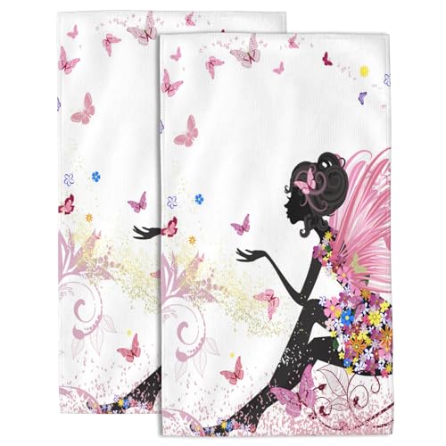 Hand Towels Set of 2 Flower Fairy with Butterflies Hand Towels for Bathroom Soft Absorbent Decorative Hand Bath Towels Dish Towels for Kitchen Sports Gym Yoga Home Decor 14 x 28 in - color: Flower Fairy With Butterflies