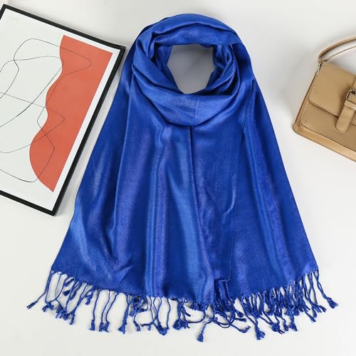 Solid Color Pashmina Silky Scarf Shawl Wrap Twill Woven Soft Large With Fringes - color: 10-royal Blue