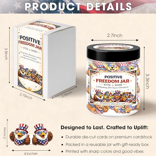 Positive Freedom Jar – 60 Patriotic Affirmation Cards, 4th of July Gifts, Independence Day 250th Anniversary 1776-2026, Gifts for Women Men Teens, USA 250th Anniversary Merchandise - color: KAT-K- Positive Freedom 250