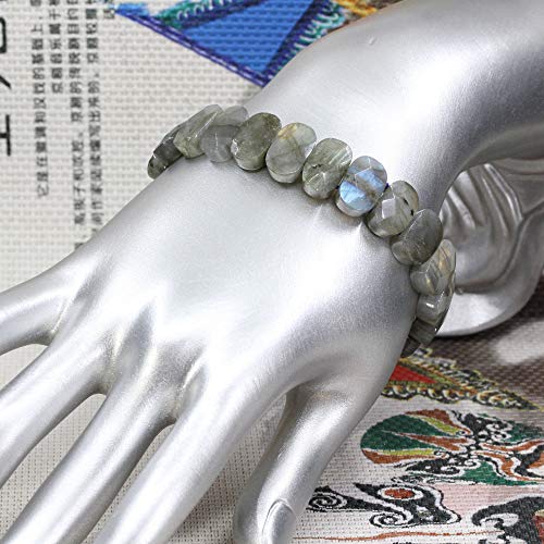 Keleny Semi Precious Stones 14mm Faceted Oval Beads Crystal Rock Elastic Bangle 7.5 Inch - color: Grey Labradorite