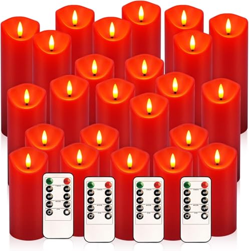YOROXRG 24 Pack Christmas Decoration Flickering Flameless Candles,LED Candles Battery Operated Pillar Candles with Remote Control.for New Year, Home Decor, Parties,Wedding(D2.2 xH 5" 6" 7" Red) - color: 24Pack-Red