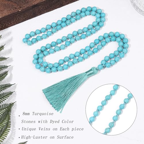 8MM Beads Chakra Long Mala Necklace Natural Stone Meditation Statement Necklace Japa Yoga Buddhist Rosary Prayer Charm Beaded Tassel Necklace - color: Turquoise