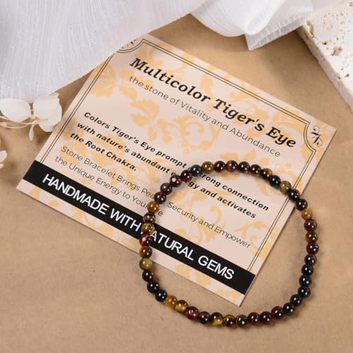 MASSIVE BEADS Handmade Yoga Stretch Elastic Bracelet Natural Stone Crystal Healing Power Energy Gifts for Unisex Adult 4mm 6mm 8mm 10mm - color: 3-Tiger's Eye (Vitality and Abundance), size: 4mm