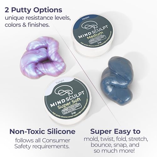 MindSculpt Fidget Putty Set | for Focus & Stress Relief | 52 Guided Calming Exercises | Kids 7+ & Adults | Two 3oz tubs: moldable Silicone Putty, no Drying Out | Mindfulness Gift | Desk Fidget | ADHD - size: MindSculpt Kit