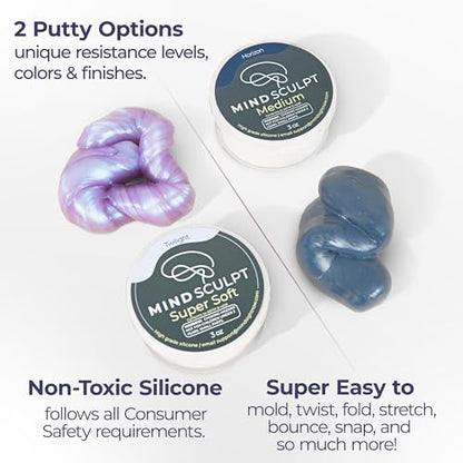 MindSculpt Fidget Putty Set | for Focus & Stress Relief | 52 Guided Calming Exercises | Kids 7+ & Adults | Two 3oz tubs: moldable Silicone Putty, no Drying Out | Mindfulness Gift | Desk Fidget | ADHD - size: MindSculpt Kit