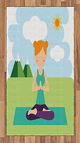 Lunarable Yoga Area Rug, Flat Design Girl in Lotus Pose Meditating in Calm Spring Nature Outdoors Activity, Flat Woven Accent Rug for Living Room Bedroom Dining Room, 2' 6" x 5', Multicolor