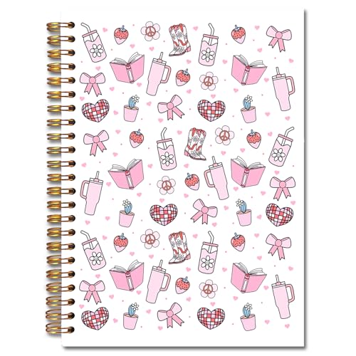 JINYO Cute Girly Bookish Notebook, Coquette Pink Bow Strawberry Journal, Preppy Aesthetic Journal for Women, Coquette Girly Office Supplies, Preppy Spiral Notebooks 5.5x8.3 Inch - color: white Girly Bookish Notebook