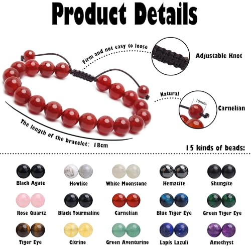 BONNY BOXX Braided Genuine Bracelet, Elegant Handcrafted Natural Gemstone Crystal Bracelet Healing Power Energy Inspirational Gifts with Card for Unisex - color: Carnelian, size: 10MM
