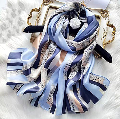 100% Mulberry Silk Long Scarf for Women Large Shawls for Headscarf and Neck- Oblong Hair Wraps with Gift Packed - color: Light Blue