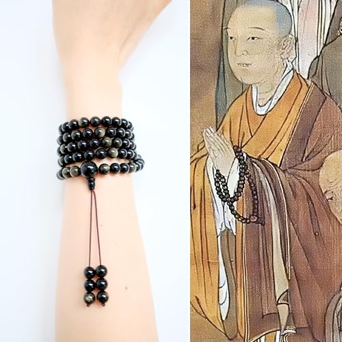 Tibetan Natural Black Obsidian Mala Beads 108, Buddhist Prayer Beads Japamala, Protection Crystal Beaded Tourmaline Bracelets, Meditation Golden Sheen Gemstone Necklace for Women Men - size: 8mm