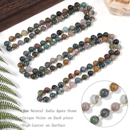 Beaded Necklace Hand Knotted for Woman - color: India Agate