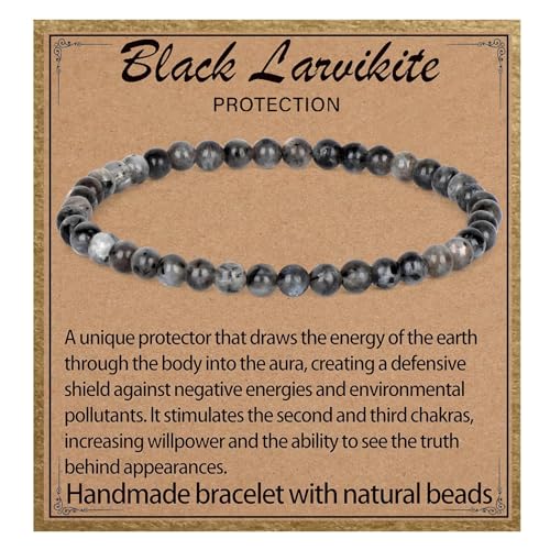 LPBeads Handmade Natural Gemstone Stretch Elastic Bracelet Healing Crystal Round Stone Beads Jewelry Gifts for Women Men - color: Black Larvikite, size: 4mm