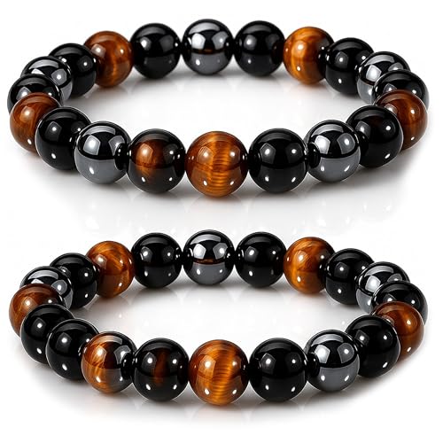 WFJ Black Obsidian Hematite Triple Protection Bracelets Set - Tiger Eye Beaded Natural Stone Bracelet for Men Women Gemstone (10MM) - color: Triple Protection Set of 2 10mm