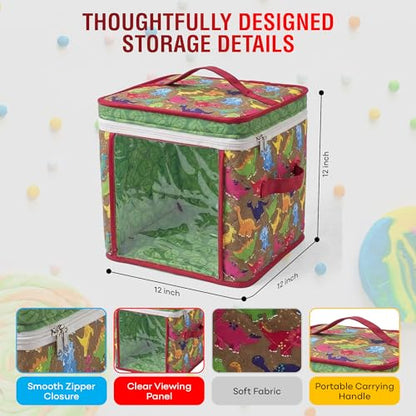 12" Soft Side Zipper Toy Storage Bag, Quilt Pattern Cloth Cube, Reusable,Clear Bag, Playroom, Bedroom & Puzzles Board Game Organizers And Storage Bin, Dinosaurs & Leaves Design - color: Dinosaur