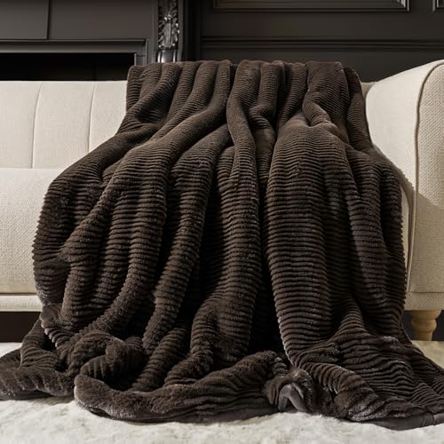 EVERGRACEHOME Ultra Soft Faux Fur Throw Blanket for Couch, Luxury Sculpted Texture Faux Rabbit Fur Blanket for Bed, Fluffy Thick Plush Warm Fuzzy Throw, 920GSM (Dark Brown, 50''x60'') - color: Dark Brown, size: 50''x60''