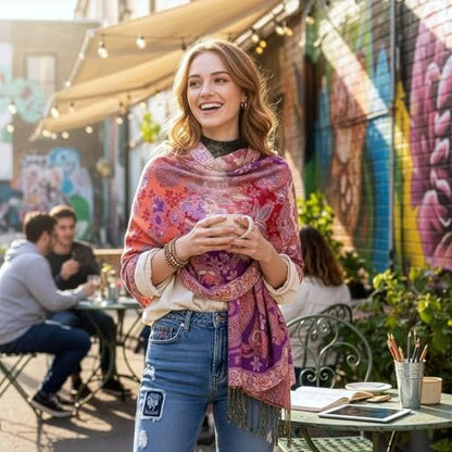 Achillea Elegant Paisley Floral Pashmina Shawl and Wrap – Boho Rave Scarf for Festival, Travel & Everyday Wear - color: Purple Red
