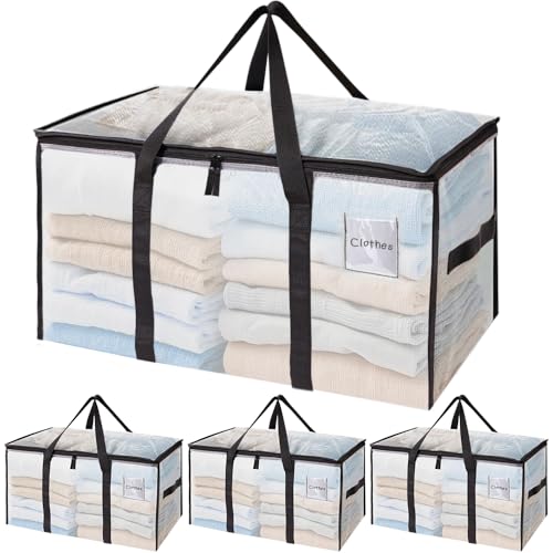 4 Pack Extra Large Heavy Duty Moving Bags with Strong Zippers, Reinforced Handles and Tag Pocket, Packing Totes Supplies for College Dorm Room, Packing Bags for Saving Space(Semi-Transparent)