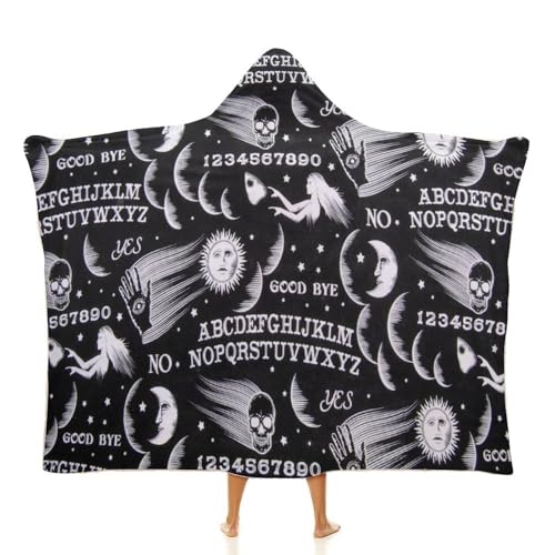 Skull Moon Sun Gothic Witch Board Seamless Black Large Size Comfortable Hooded Blanket, Warm Blanket 60"x80" - color: Skull Moon Sun Gothic Witch Board Seamless Bl, size: 60"x80"