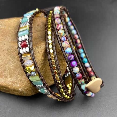 Boho Wrap Bead Bracelet for Women - Handmade Adjustable Natural Stone Beaded Bracelets Yoga Healing Bracelet Bangle Hippie Jewelry - color: Mixed beads