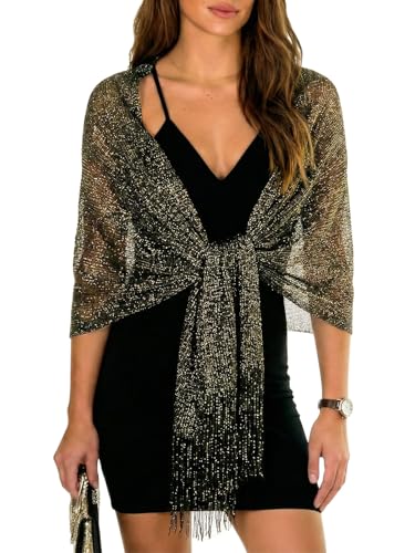 Sumolux Shawls Wraps for Evening Dresses Metallic Glitter Shawls Scarf for Women Sparkling Wedding with Free Buckle - color: Black With Gold Threads